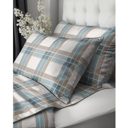 Pościel z perkalu beżowo-niebieska w kratę z ozdobną