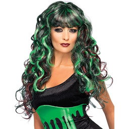 Monster Wig Black & Green Long Curly With