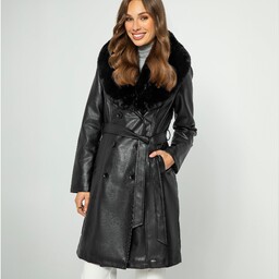 Damski płaszcz z ekoskóry i sztucznego futra czarny