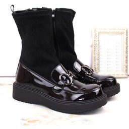 Botki damskie lakierowane na platformie ocieplane czarne Sabatina