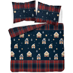 Pościel bawełniana bożonarodzeniowa granatowa w domki z piernika