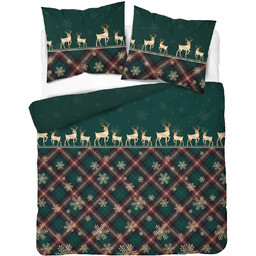 Pościel bawełniana bożonarodzeniowa zielona w złote jelenie