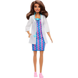 Barbie Kariera Lekarka Lalka, zdejmowany biały fartuch, sukienka,