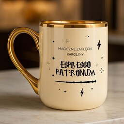 Kubek ceramiczny ze złotym rantem i uchem