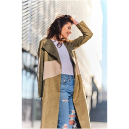 Długi Zamszowy Płaszcz Wiązany Paskiem - Khaki