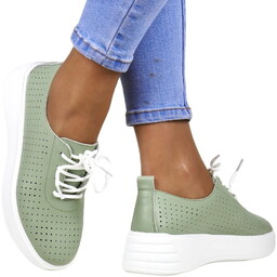 Damskie Półbuty Sneakersy Ażurowe Ze Skóry Sznurowane Sergio