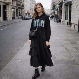 Sukienka damska Włoska z kapturem czarna falbany 100%