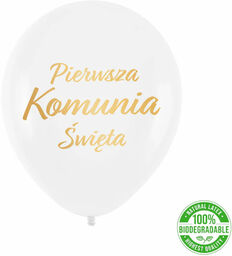 Balony lateksowe ze złotym napisem Pierwsza Komunia Święta