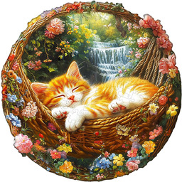 Drewniane puzzle okrągłe 200 elementów śpiący kotek