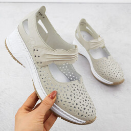 Skórzane półbuty ażurowe na rzep beżowe Rieker N4382-60