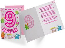 Kartka urodzinowa z kopertą na dziewiąte urodziny Potworki
