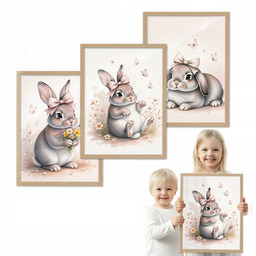 Zestaw 3 obrazów Słodkie Zajączki drewniana ramka 40x50
