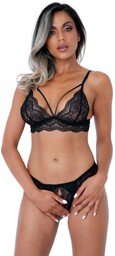 Bra and Crotchless Panty Black - S/M