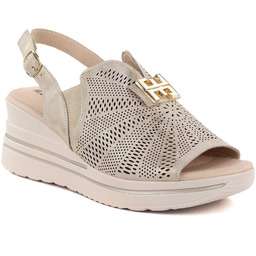 Skórzane sandały damskie na platformie koturn złoty M.Daszyński