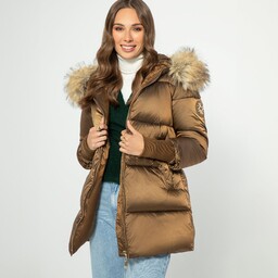 Damska kurtka z futrzanym kapturem złota