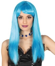 Peruka niebieska damska długie włosy z grzywką syntetyczna