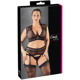 Cottelli Plus Size - lśniący zestaw koronkowy (czarny)