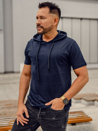 Granatowy bawełniany t-shirt męski bez nadruku z kapturem