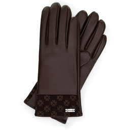 Damskie rękawiczki skórzane z monogramem na brzegu brązowe