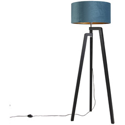 Lampa podłogowa trójnóg czarna z niebieskim kloszem