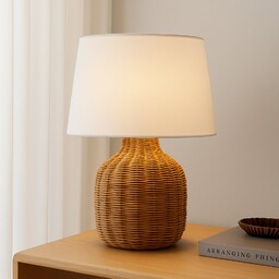 Lampa Stołowa Lindby, Lirenda, drewniany, salon, tkanina tekstylia,