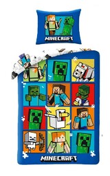 Halantex Pościel bawełniana 140x200 Minecraft niebieska kolorowa poszewka