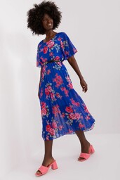 Kobaltowa plisowana sukienka damska w kwiaty - midi