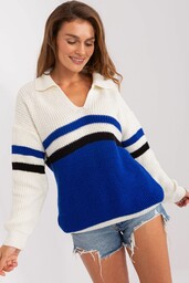 Ecru-kobaltowy sweter oversize kołnierzem