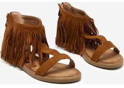Royalfashion Damskie sandałki z frędzelkami w kolorze camelowym