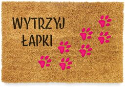Wycieraczka kolorowa z różowym napisem "Wytrzyj łapki"