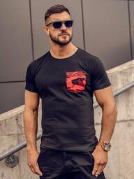 Czarno-czerwony t-shirt męski z kieszonką z nadrukiem moro