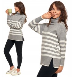 SWETER DAMSKI w Paski Golf Luźny Wygodny Beżowy