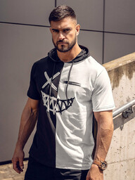 Czarno-biały t-shirt męski z nadrukiem z kapturem Bolf