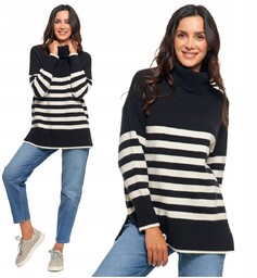 SWETER DAMSKI w Paski Golf Luźny Wygodny Beżowy