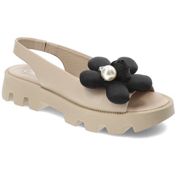 Chebello Beżowe Sandały Modne Obuwie Damskie Z Kwiatkiem