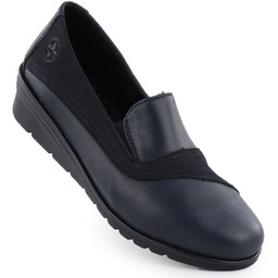 Skórzane półbuty damskie na koturnie granatowe Rieker L5356-14