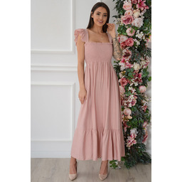 Sukienka midi z falbanką dekolt karo brudny róż