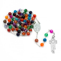 Ręcznie robiony różaniec, kolorowy AGAT 6mm, I Komunia