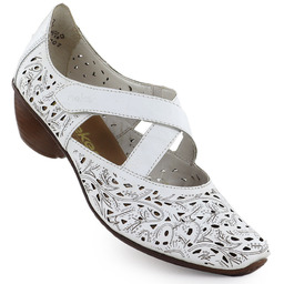 Skórzane półbuty damskie ażurowe na obcasie białe Rieker