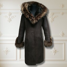 Kożuch Damski Naturalna Skóra Ciepły Zimowy Kaptur Brąz