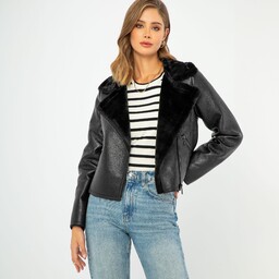 Damska ramoneska z ekoskóry futerkowa czarna