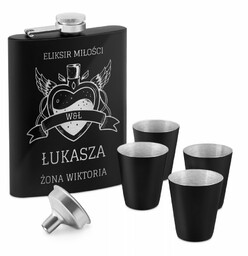 Piersiówka czarna z 4 kieliszkami i grawerem