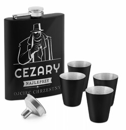 Piersiówka czarna z 4 kieliszkami i grawerem