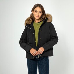Damska kurtka puchowa z futerkowym kapturem czarna