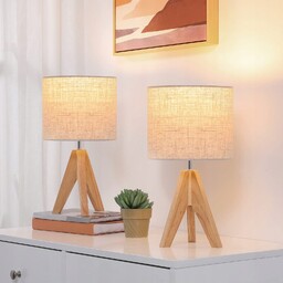 Lampka Nocna Stołowa Trójnóg Drewniany Beżowy Abażur Vintage