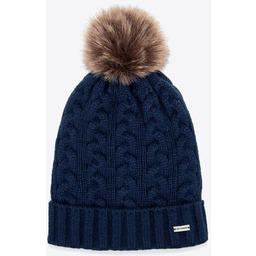 Czapka damska z warkoczowym splotem i pomponem granatowa