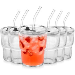 Kubki szklane z pokrywką i słomką 340 ml