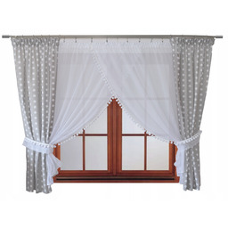 Komplet firana zasłona dziecięca Karolinka Szara grochy pompony