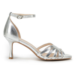 Damskie sandały ze skóry na szpilce srebrne