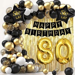 ZESTAW BALONY 80 URODZINY ZŁOTE CZARNE BIAŁE BANER